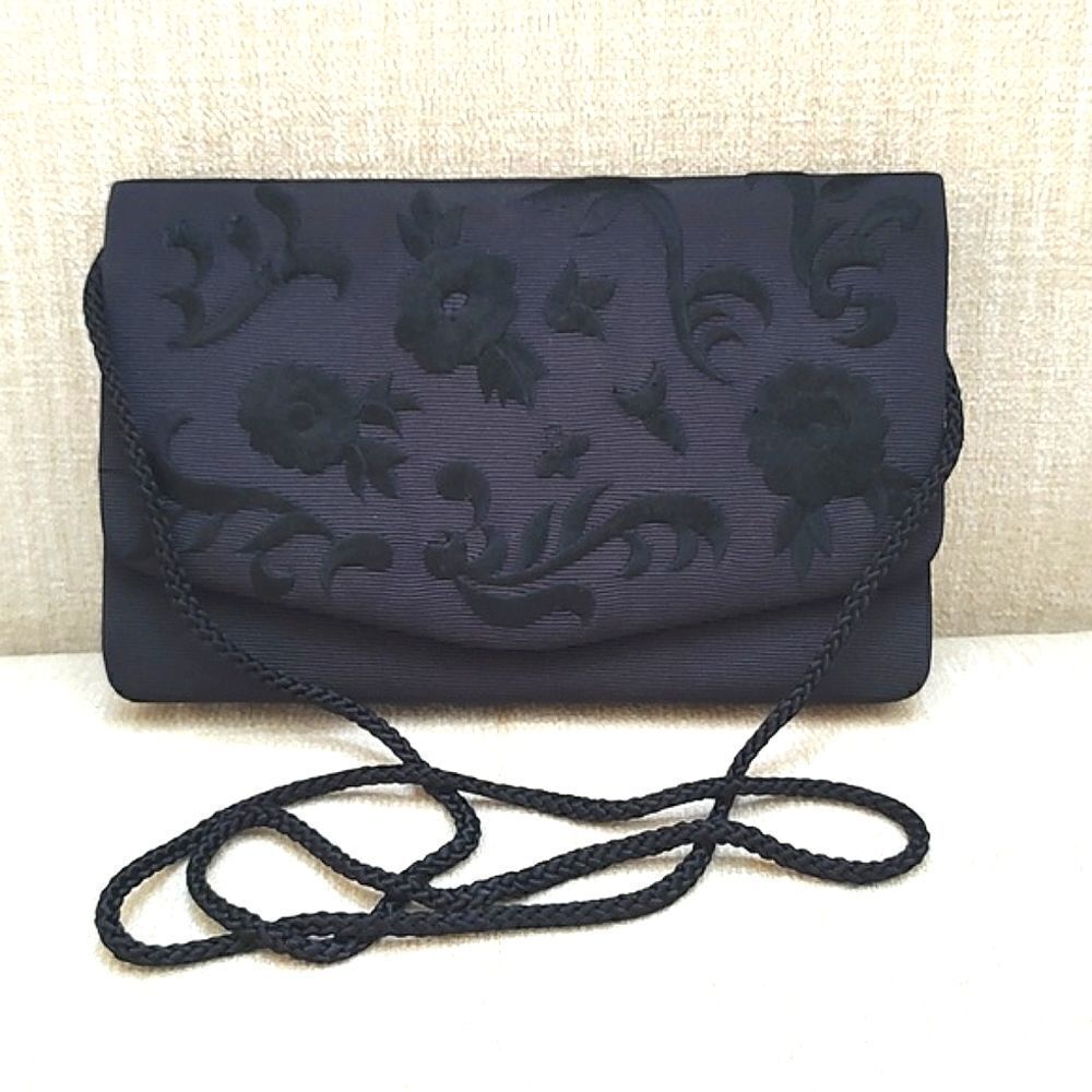 LaRegale Black Embroidered Floral Handmade Evening Shoulder Bag